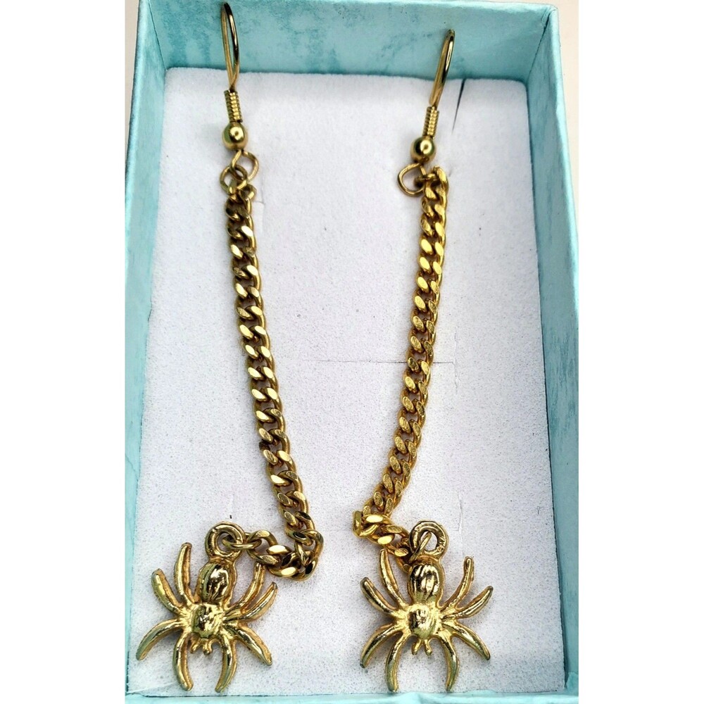 Gold Spider Drop Dangle Earrings 3.5" Unmarked Halloween Costume Jewelry Boho...
